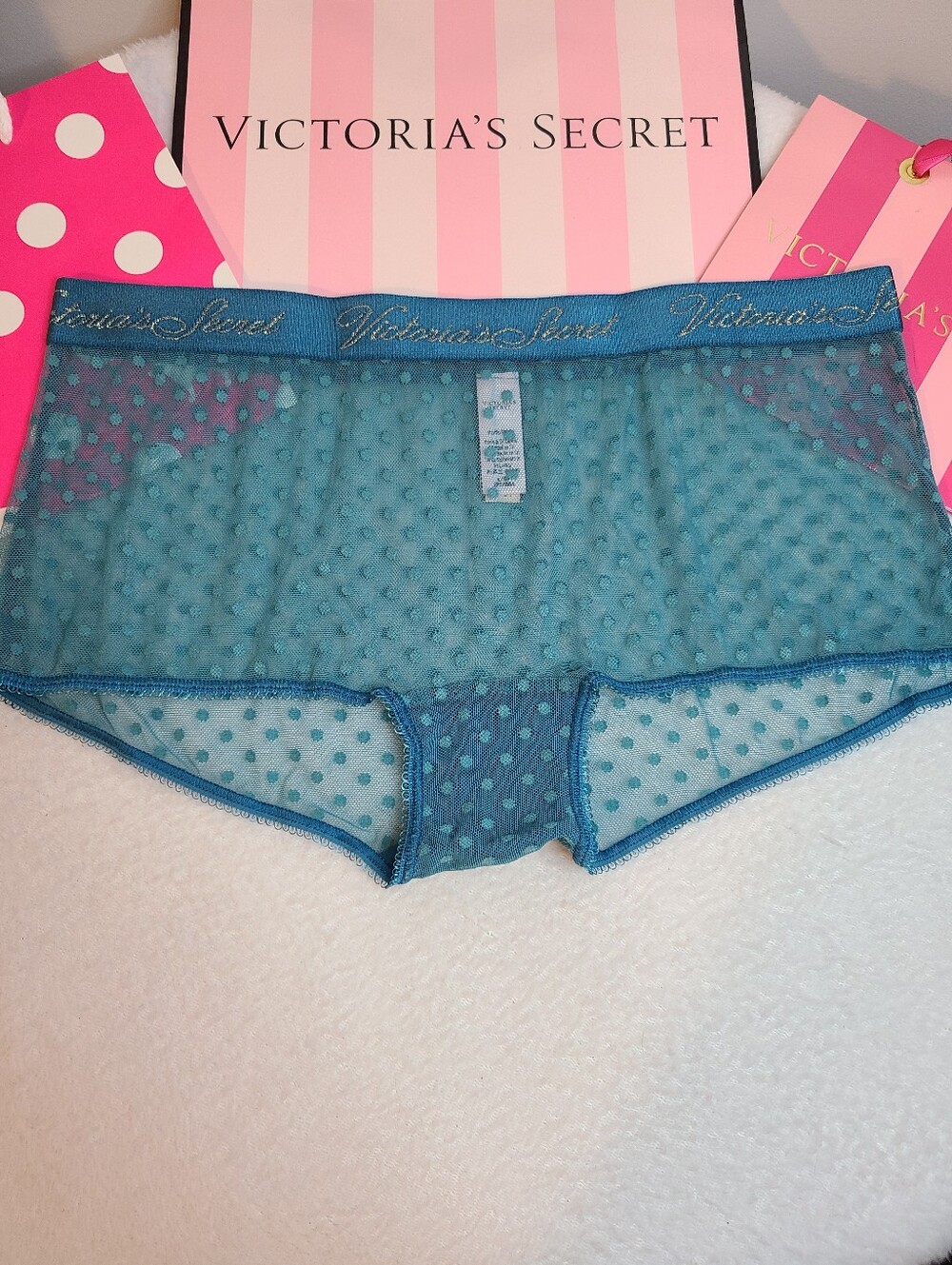 Victoria's Secret Sheer Dotted Mesh Logo Band Shortie Panty Size Lg